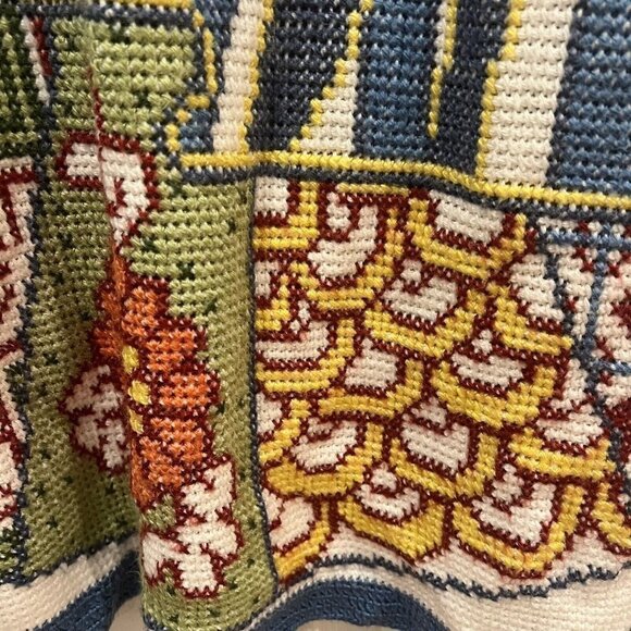 Handmade Afghan Throw Knit Blanket Blue Floral Butterfly Cross Stitch 64 x 54" - Picture 8 of 9